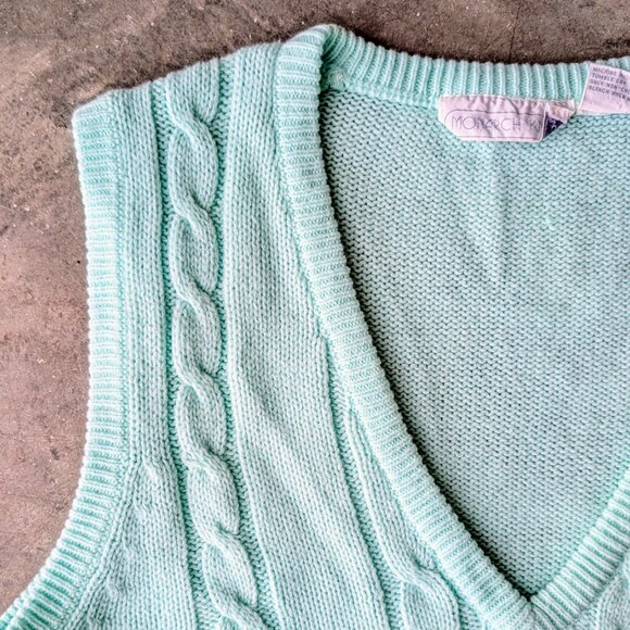 Vintage Monarch Knits Pastel Mint V-Neck Cable Knit Sweater Vest size 42 - Picture 3 of 7